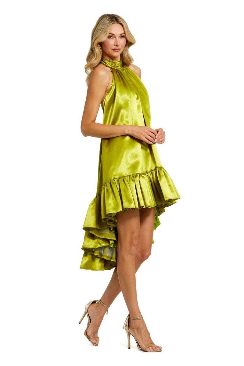 20711-Green High Neck Satin Mini Dress With Keyhole satin by Mac Duggal in green color for women in Singapore