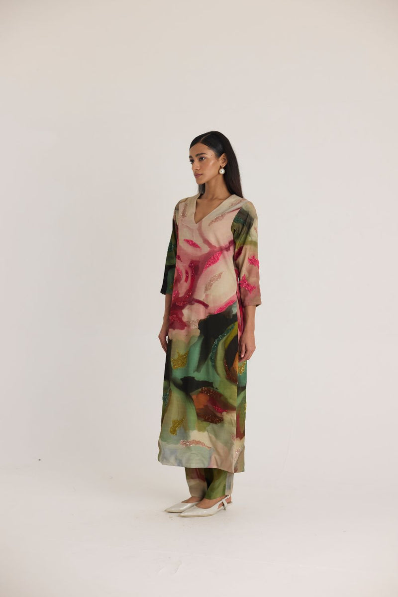 TILLY EMROIDERED LONG V NECK KURTA SET mul by Yam in multi color for women in Singapore