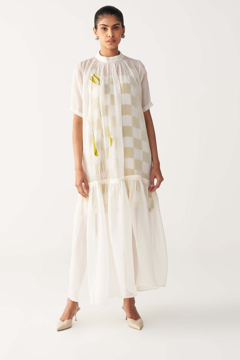 SHEER BOTTOM FRILL DRESS +
IVORY CHANDERI SLIP-IVORY organza by THREE in white color for women in Singapore