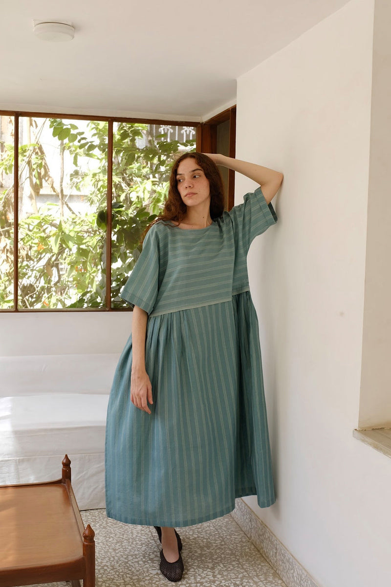 Nina-Sea Green Dress cotton silk dress by MASON AND MILL in sea green for women in Singapore