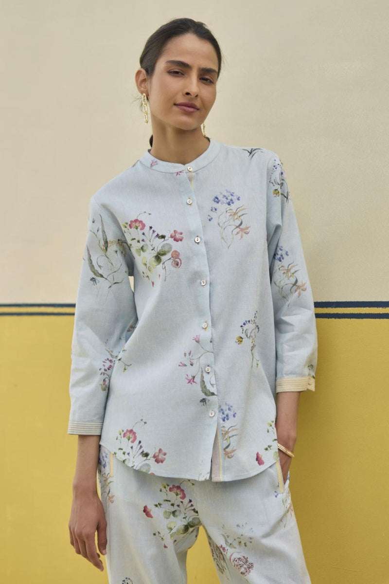 Vani Watercolour Floral Co-ord Set
-Sky linen by Manan in blue color for women in Singapore