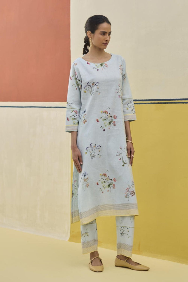 Kera Floral Embroidered Kurta Set
 - Sky linen by Manan in blue color for women in Singapore