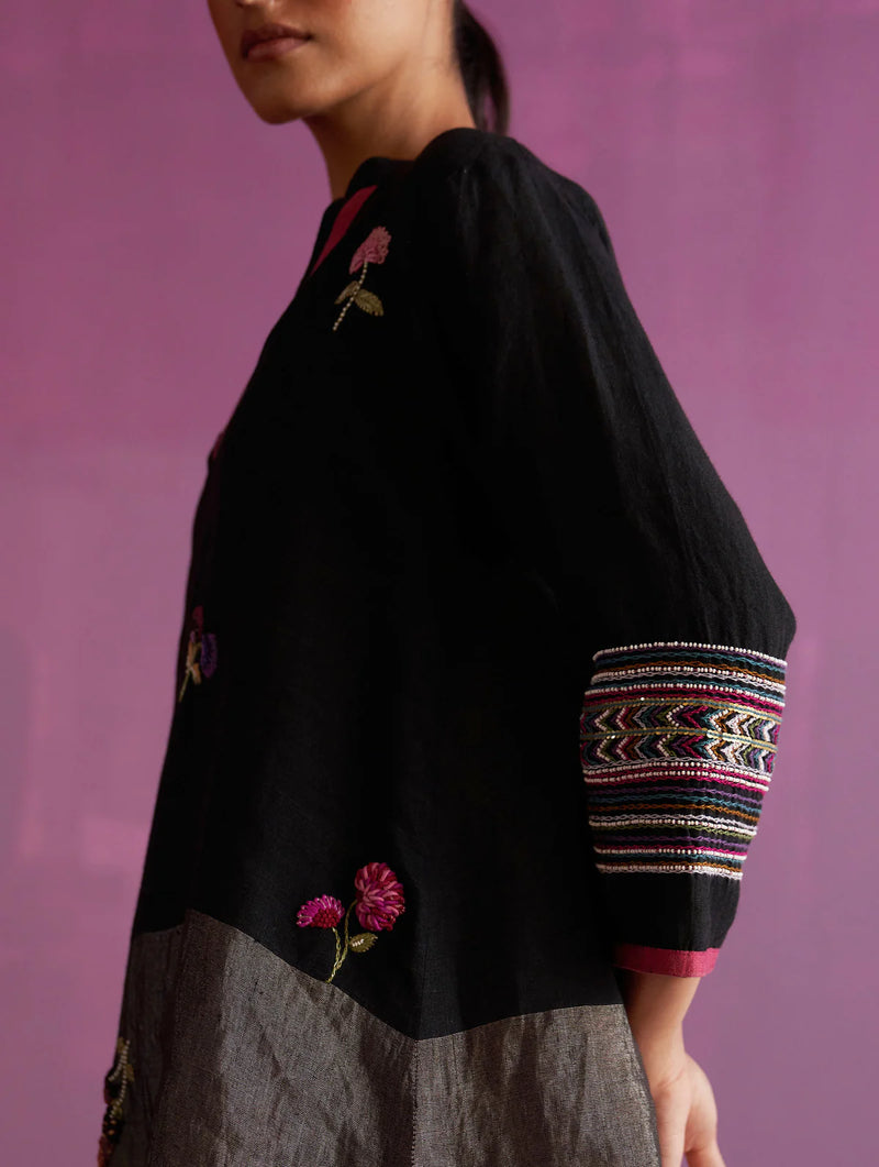 Cyra Floral Hand-Embroidered Kurta - Black linen by Manan in black color for women in Singapore