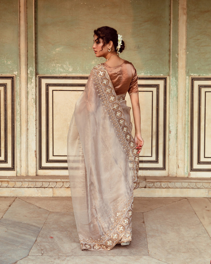 Antique Silver Embroidered Tissue Silk Sari silk Buy Antique Silver Embroidered Tissue Silk Sari from C&W | Saree for Women by Maison Shefali in silver color for women in Singapore