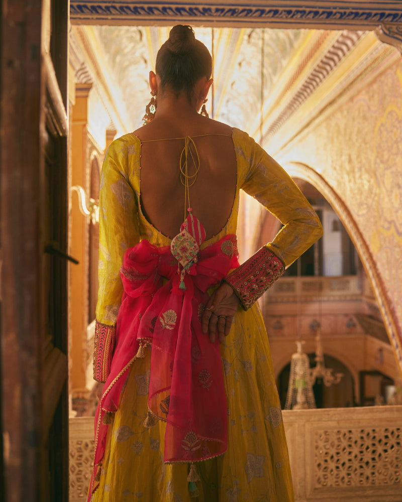 Khel Yellow Printed Tissue Anarkali silk by Rajiramniq in multi color for women in Singapore