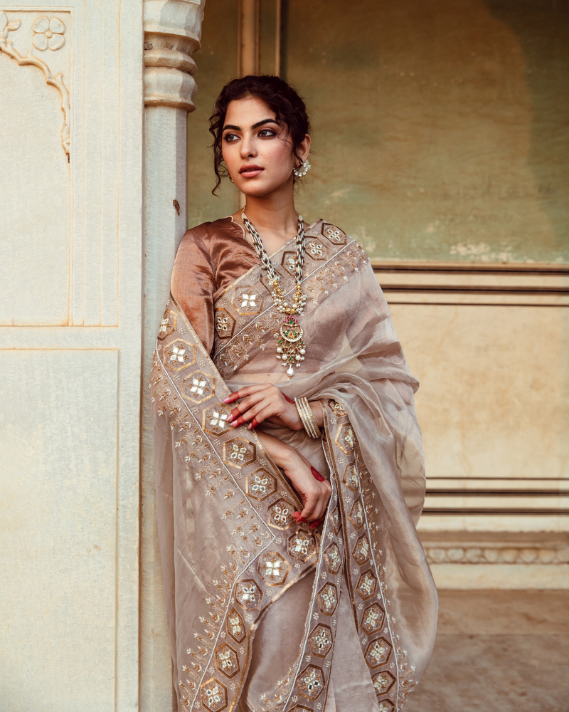 Antique Silver Embroidered Tissue Silk Sari silk Buy Antique Silver Embroidered Tissue Silk Sari from C&W | Saree for Women by Maison Shefali in silver color for women in Singapore