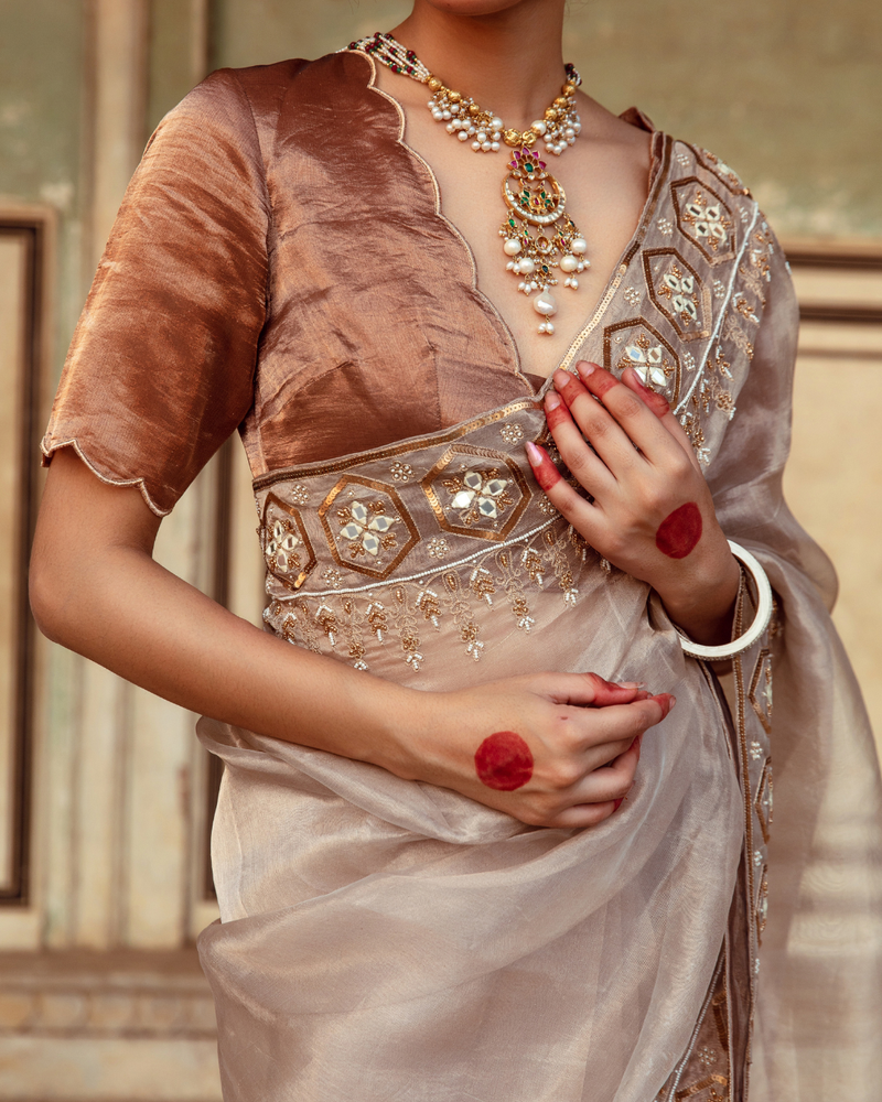 Antique Silver Embroidered Tissue Silk Sari silk Buy Antique Silver Embroidered Tissue Silk Sari from C&W | Saree for Women by Maison Shefali in silver color for women in Singapore