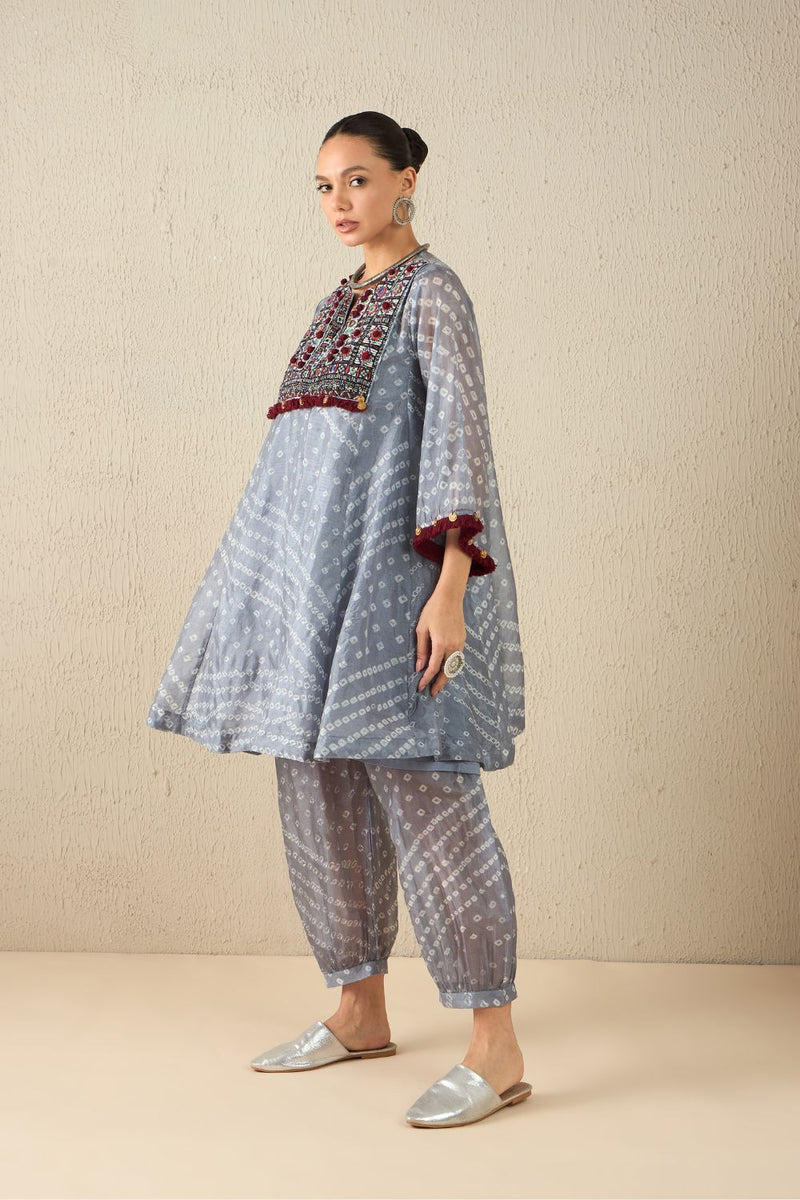 AFGHANI BANDHANI SET - Light Grey silk by Aavidi in yellow color for women in Singapore