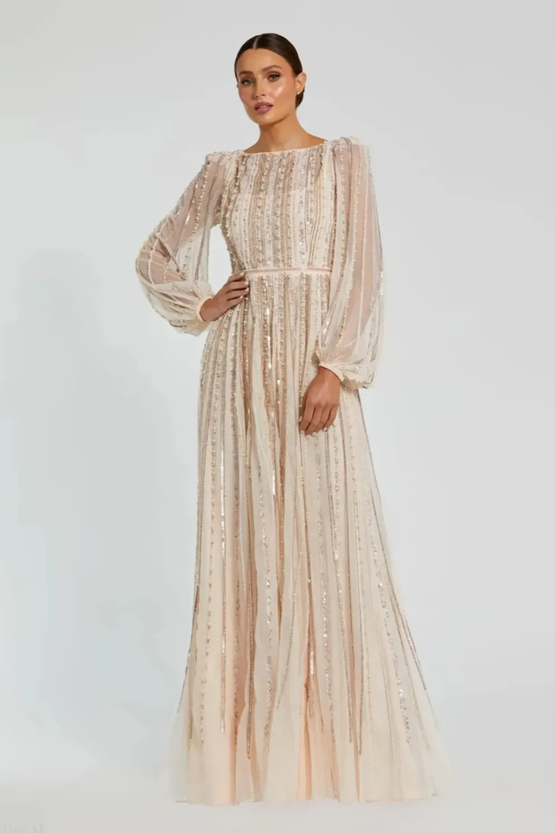 Pink Boat Neck Long Sleeve Gown With Striped Beading by Mac Duggal in peach color for women in Singapore