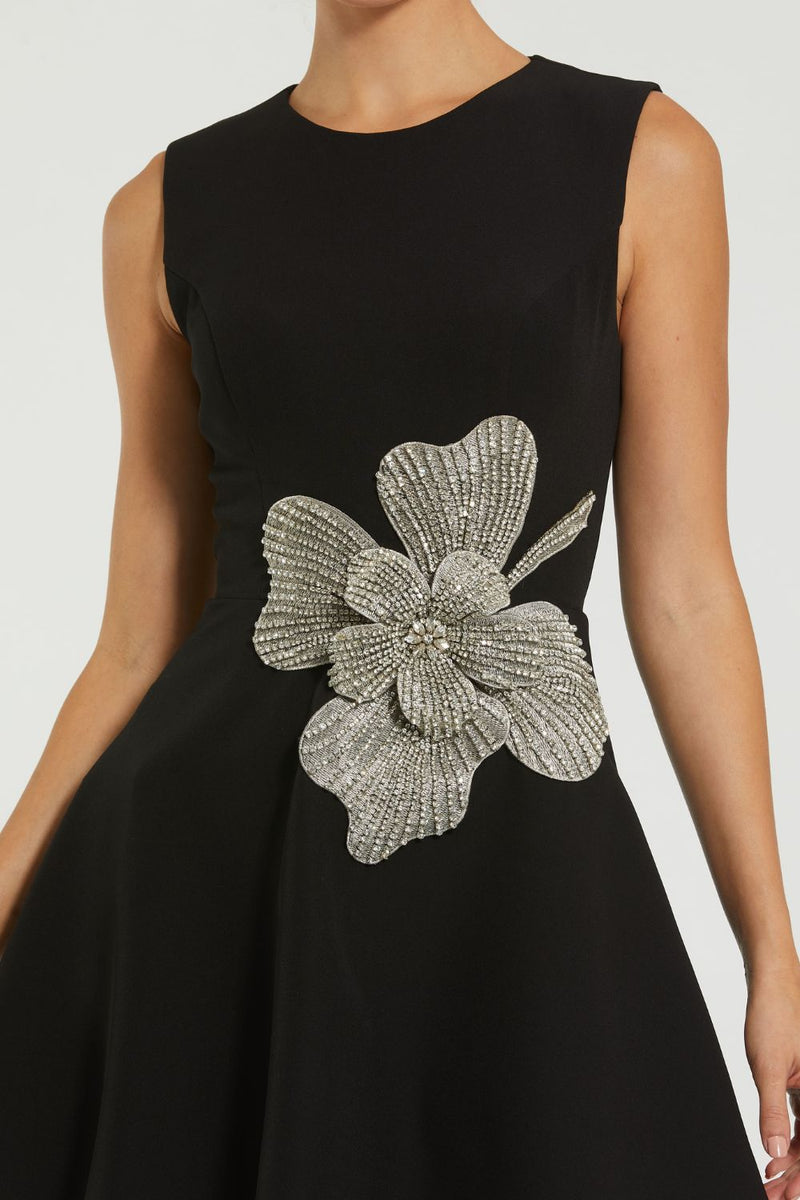 11829-Crepe Sleeveless Mini Dress With Rhinestone Flower by Mac Duggal in black color for women in Singapore