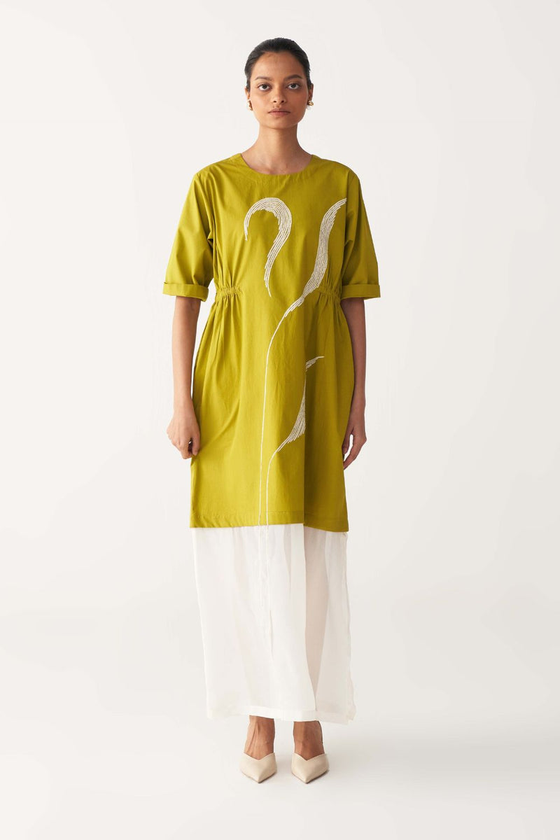 SHEER BOTTOM PANEL DRESS-LIME poplin by THREE for women in Singapore