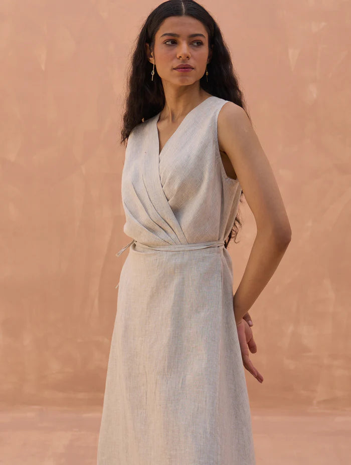 Maya Linen Wrap Dress - Off White linen by Manan in charcoal color for women in Singapore