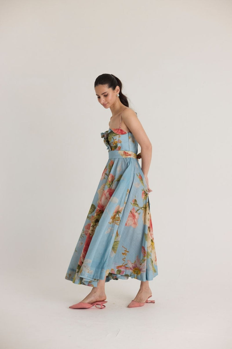TAFFY COTTON FRILLS DRESS cotton by Yam in blue color for women in Singapore