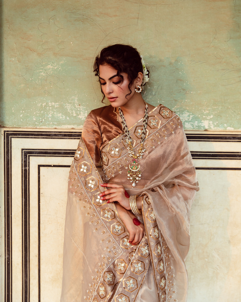 Antique Silver Embroidered Tissue Silk Sari silk Buy Antique Silver Embroidered Tissue Silk Sari from C&W | Saree for Women by Maison Shefali in silver color for women in Singapore