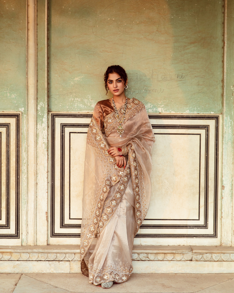 Antique Silver Embroidered Tissue Silk Sari silk Buy Antique Silver Embroidered Tissue Silk Sari from C&W | Saree for Women by Maison Shefali in silver color for women in Singapore