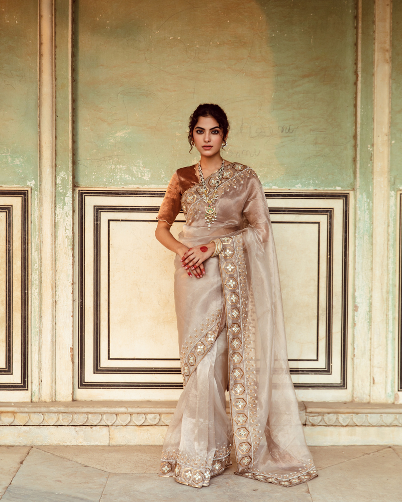 Antique Silver Embroidered Tissue Silk Sari silk Buy Antique Silver Embroidered Tissue Silk Sari from C&W | Saree for Women by Maison Shefali in silver color for women in Singapore