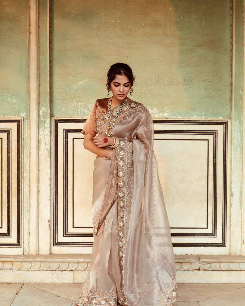 Antique Silver Embroidered Tissue Silk Sari silk Buy Antique Silver Embroidered Tissue Silk Sari from C&W | Saree for Women by Maison Shefali in silver color for women in Singapore