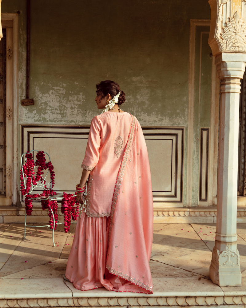 Peach Embroidered Chanderi Silk Sharara Set silk Buy Peach Embroidered Chanderi Silk Sharara Set from C&W | Kurta/Kurta Sets for Women by Maison Shefali in peach color for women in Singapore