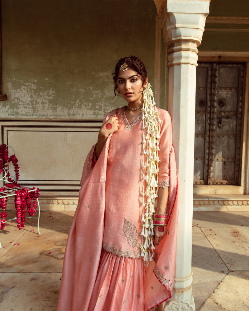 Peach Embroidered Chanderi Silk Sharara Set silk Buy Peach Embroidered Chanderi Silk Sharara Set from C&W | Kurta/Kurta Sets for Women by Maison Shefali in peach color for women in Singapore