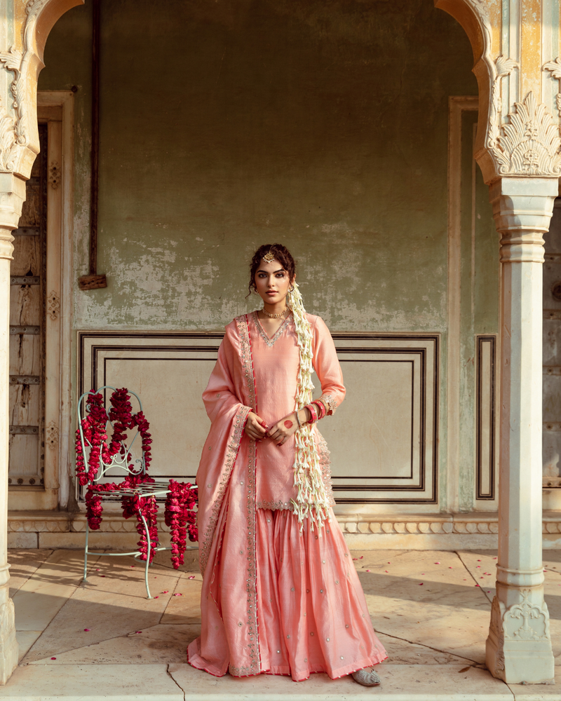 Peach Embroidered Chanderi Silk Sharara Set silk Buy Peach Embroidered Chanderi Silk Sharara Set from C&W | Kurta/Kurta Sets for Women by Maison Shefali in peach color for women in Singapore