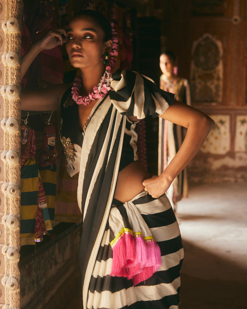 Khel Black And White Stripe Saree With Waistcoat Blouse by Rajiramniq in black color for women in Singapore