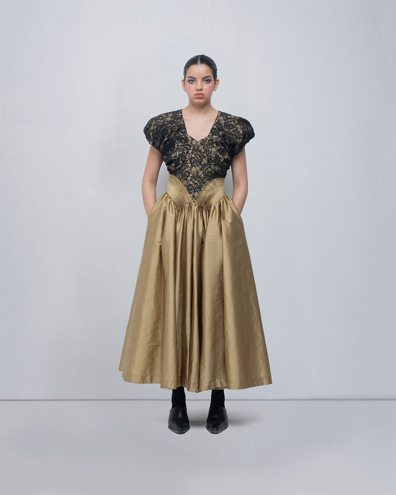 Lilith Dress viscose by Leh Studios in golden, black for women in Singapore