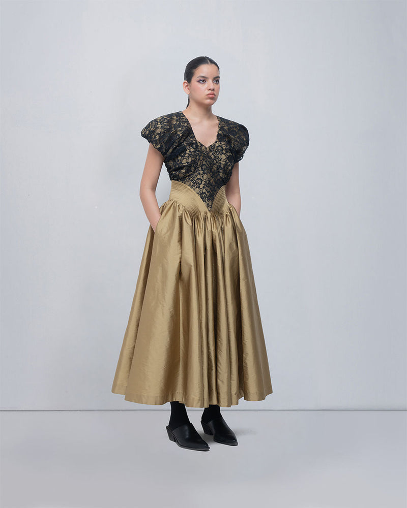 Lilith Dress viscose by Leh Studios in golden, black for women in Singapore