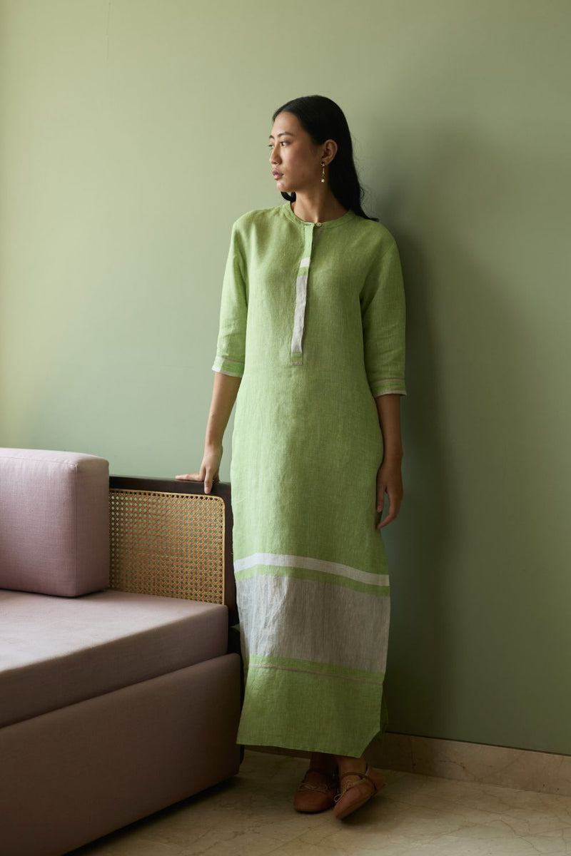 Terra Border Linen Dress-Meadow linen by Manan in green color for women in Singapore
