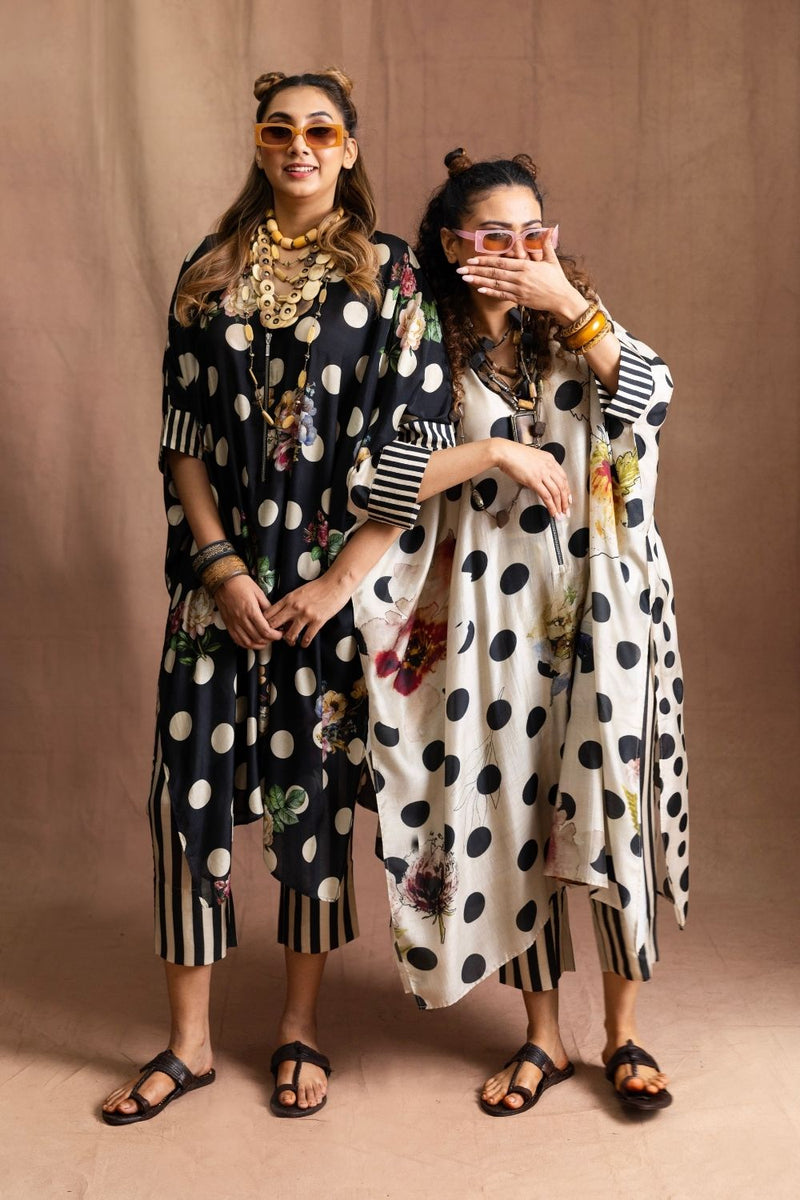Square Tunic Set (Retro)-Black with white polka Pure Muslin Kurta Set Sabo by Sabina — Canvas & Weaves Singapore