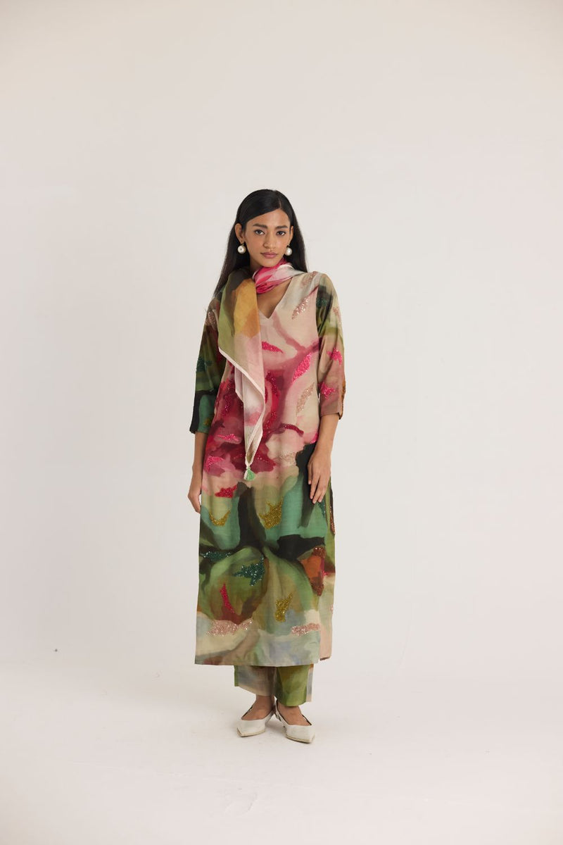 TILLY EMROIDERED LONG V NECK KURTA SET mul by Yam in multi color for women in Singapore
