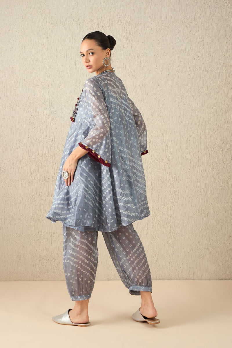 AFGHANI BANDHANI SET - Light Grey silk by Aavidi in yellow color for women in Singapore