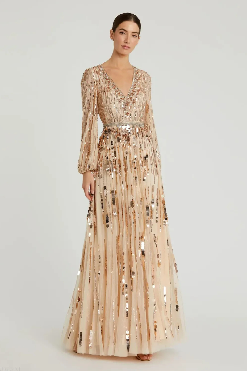 Beige Embellished Mesh Long Sleeve V Neck Gown by Mac Duggal for women in Singapore