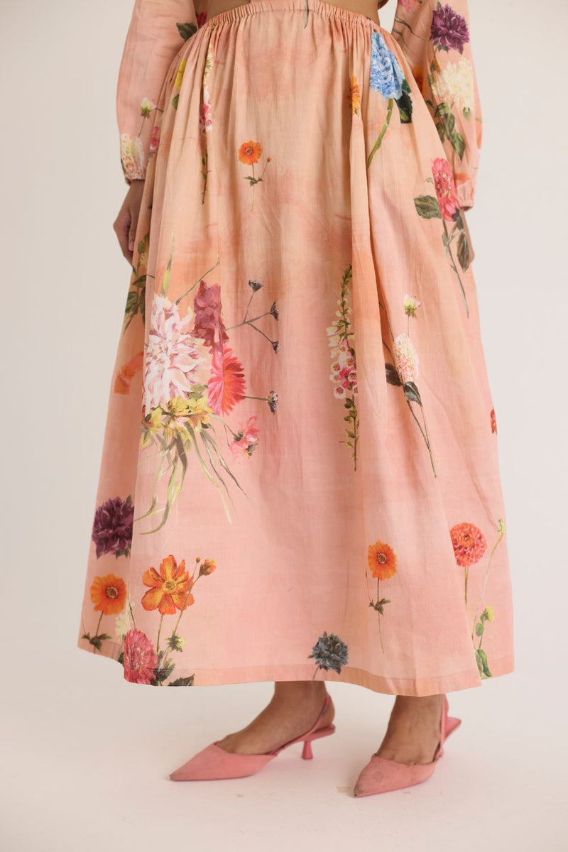 BUTTERCUP BOTH SIDE CUT DRESS satin by Yam in peach color for women in Singapore