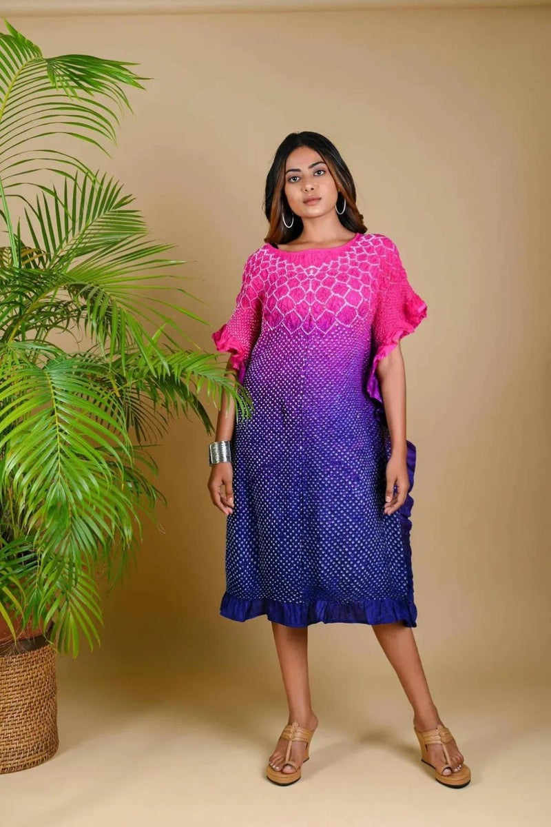 SUNFLOWER KAFTAN-PINK PURPLE SHADED silk by Dyelogue in multi color for women in Singapore