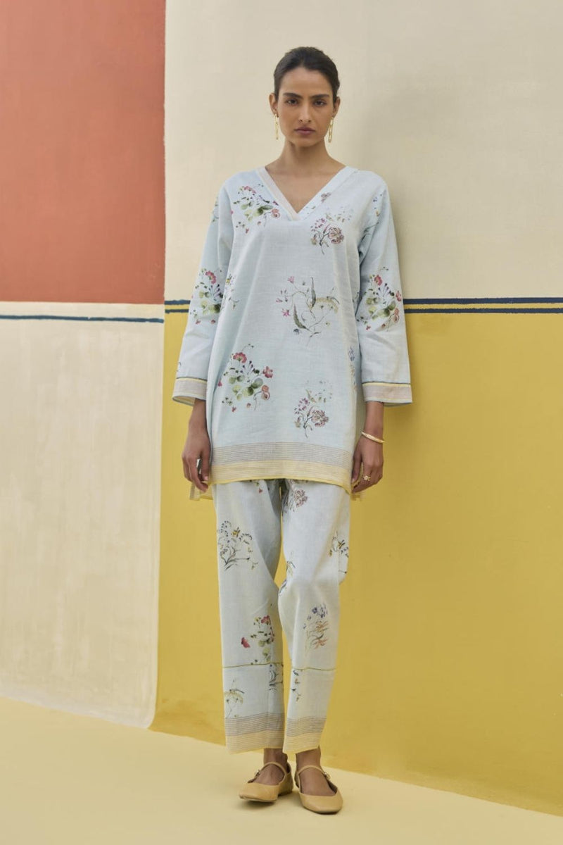 Raha Watercolour Floral Kurta - Sky linen by Manan in blue color for women in Singapore