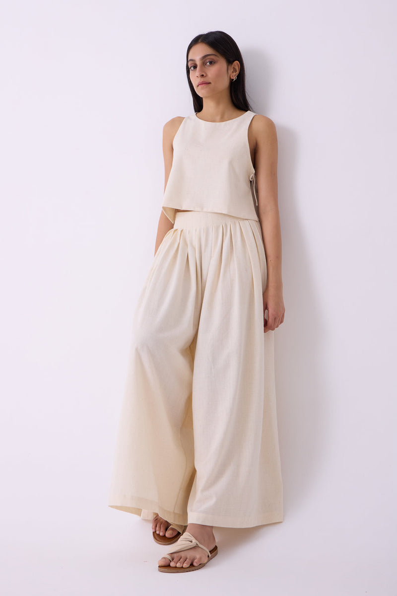 Takumi Off White Handwoven Pleated Pants handspun & handwoven cotton pant/trouser by The Summer House in off white for women in Singapore