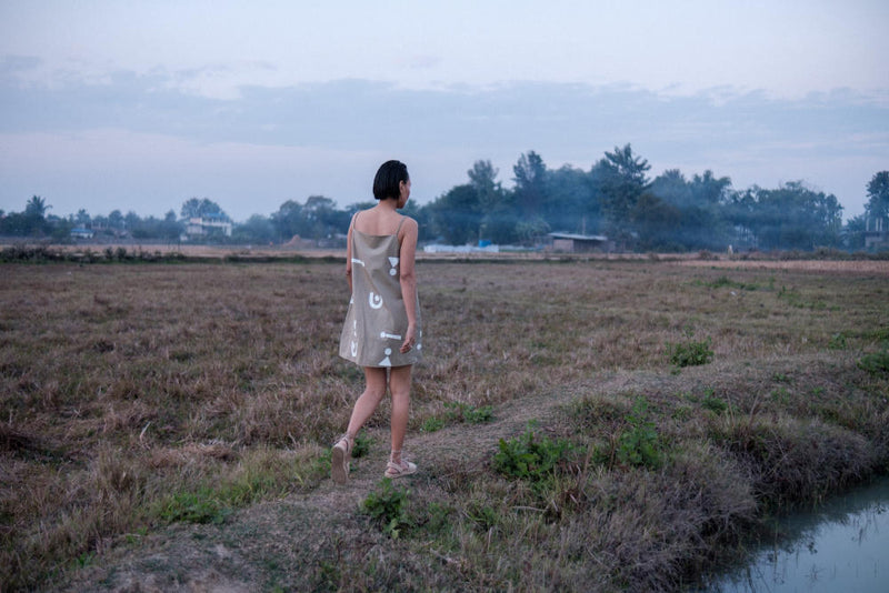 Rachel Slip Dress-Khaki Line Printed cotton by The Terra Tribe for women in Singapore