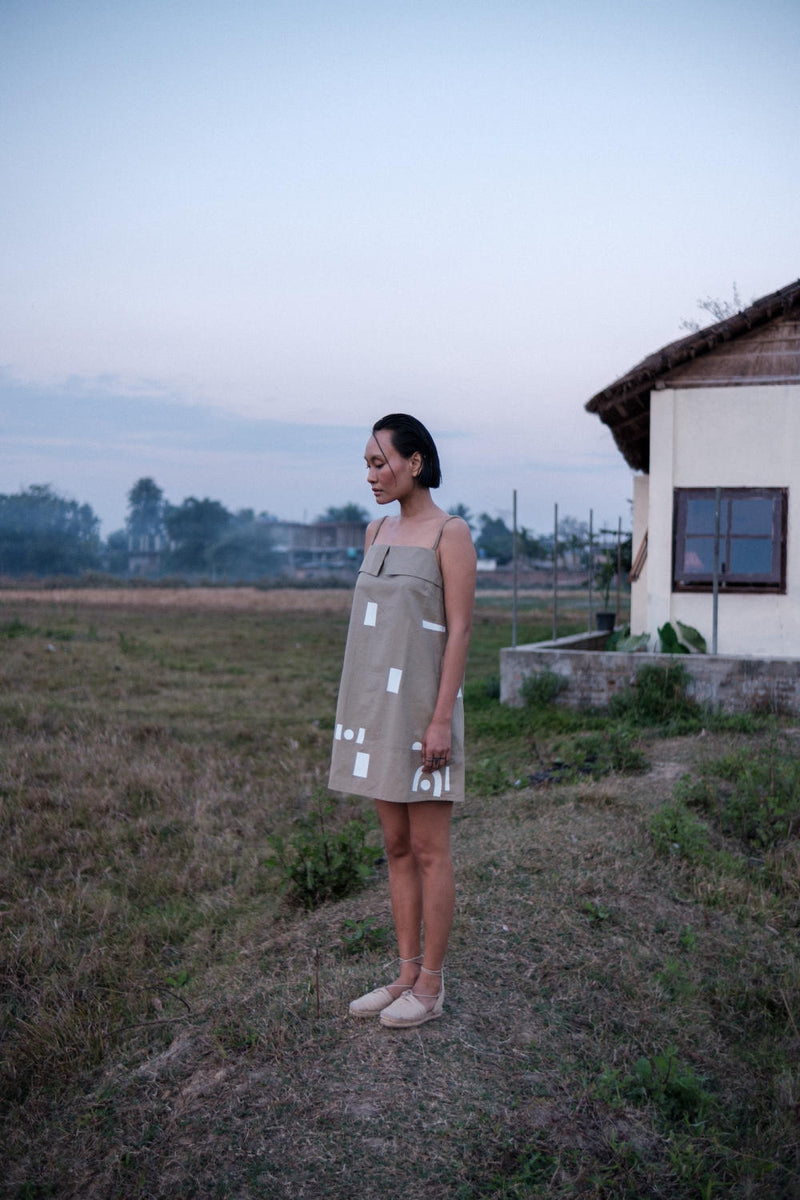 Rachel Slip Dress-Khaki Line Printed cotton by The Terra Tribe for women in Singapore