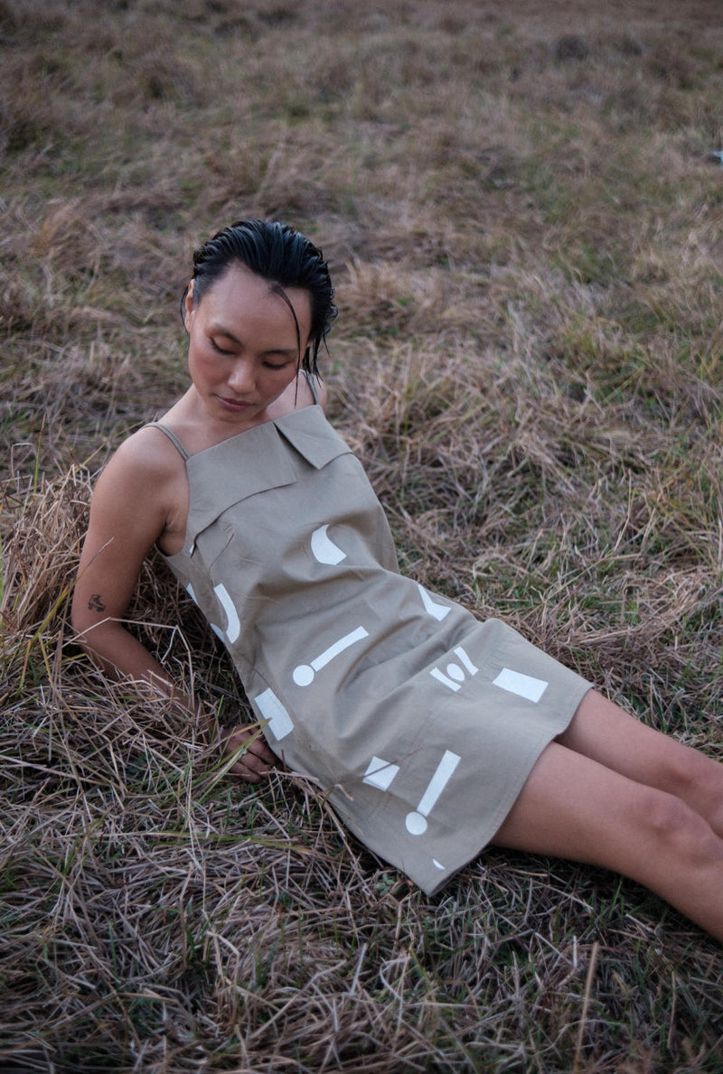 Rachel Slip Dress-Khaki Triangle Printed cotton by The Terra Tribe for women in Singapore