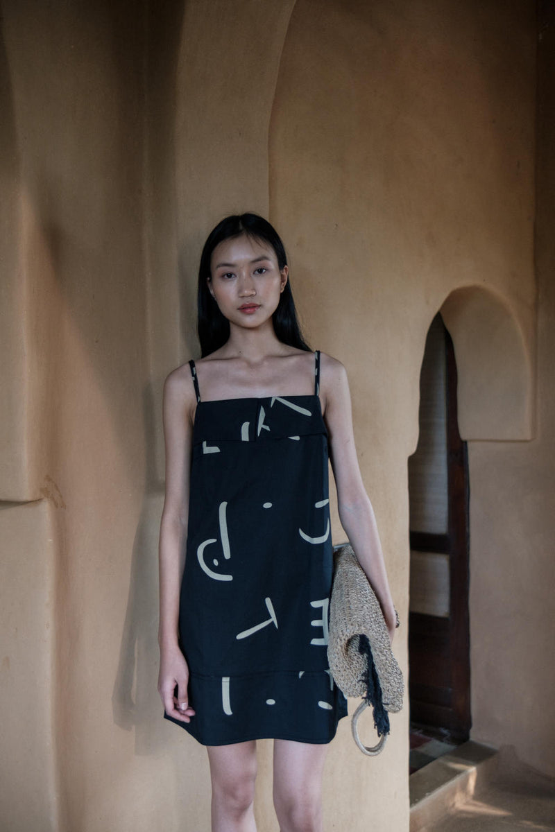 Rachel Slip Dress-Black line Printed cotton by The Terra Tribe in black color for women in Singapore