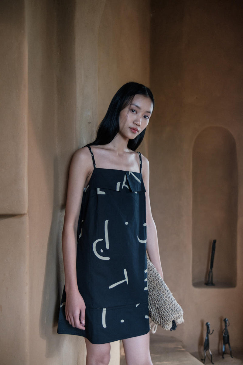 Rachel Slip Dress-Black line Printed cotton by The Terra Tribe in black color for women in Singapore