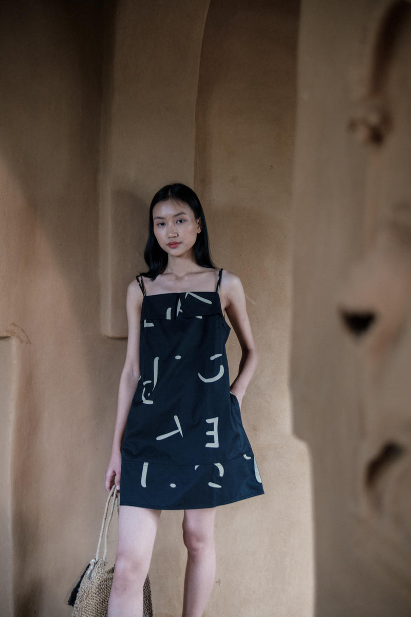 Rachel Slip Dress-Black line Printed cotton by The Terra Tribe in black color for women in Singapore