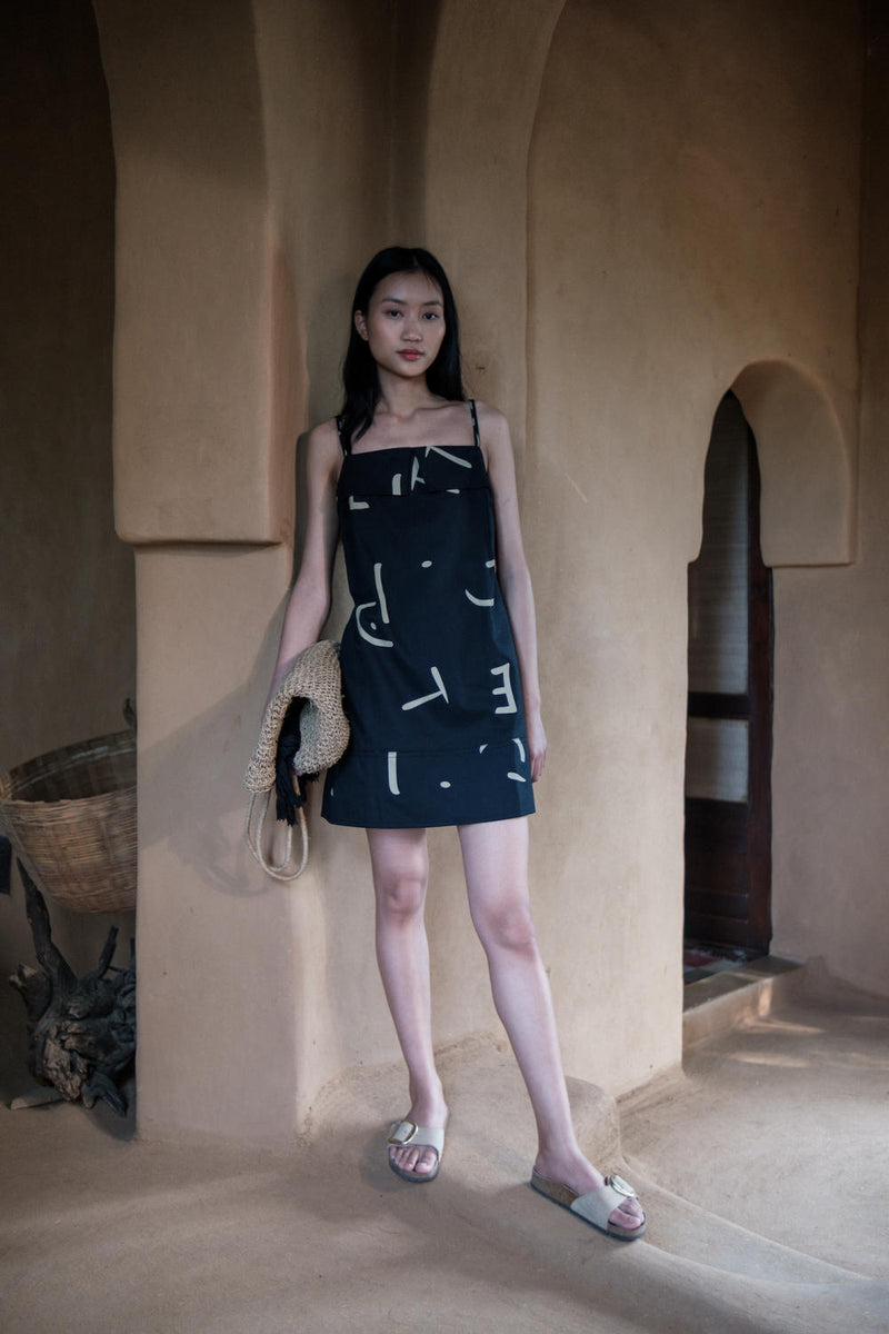 Rachel Slip Dress-Black line Printed cotton by The Terra Tribe in black color for women in Singapore