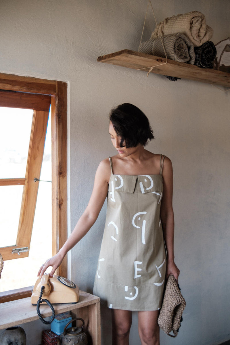 Rachel Slip Dress-Khaki Line Printed cotton by The Terra Tribe for women in Singapore