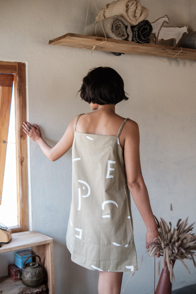 Rachel Slip Dress-Khaki Line Printed cotton by The Terra Tribe for women in Singapore