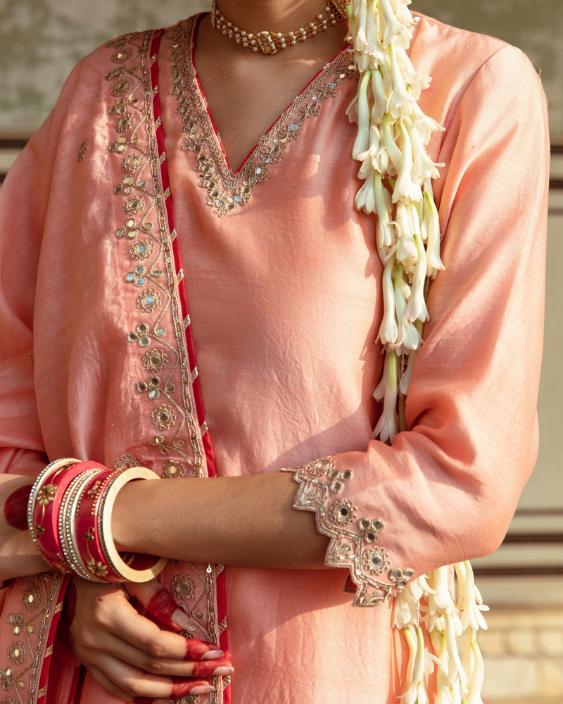 Peach Embroidered Chanderi Silk Sharara Set silk Buy Peach Embroidered Chanderi Silk Sharara Set from C&W | Kurta/Kurta Sets for Women by Maison Shefali in peach color for women in Singapore