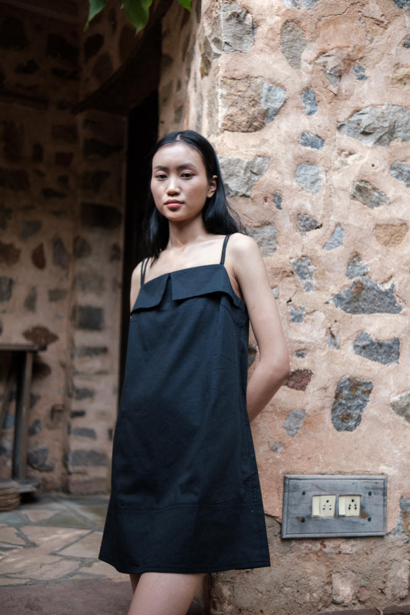 Rachel Slip Dress-Black cotton by The Terra Tribe in black color for women in Singapore