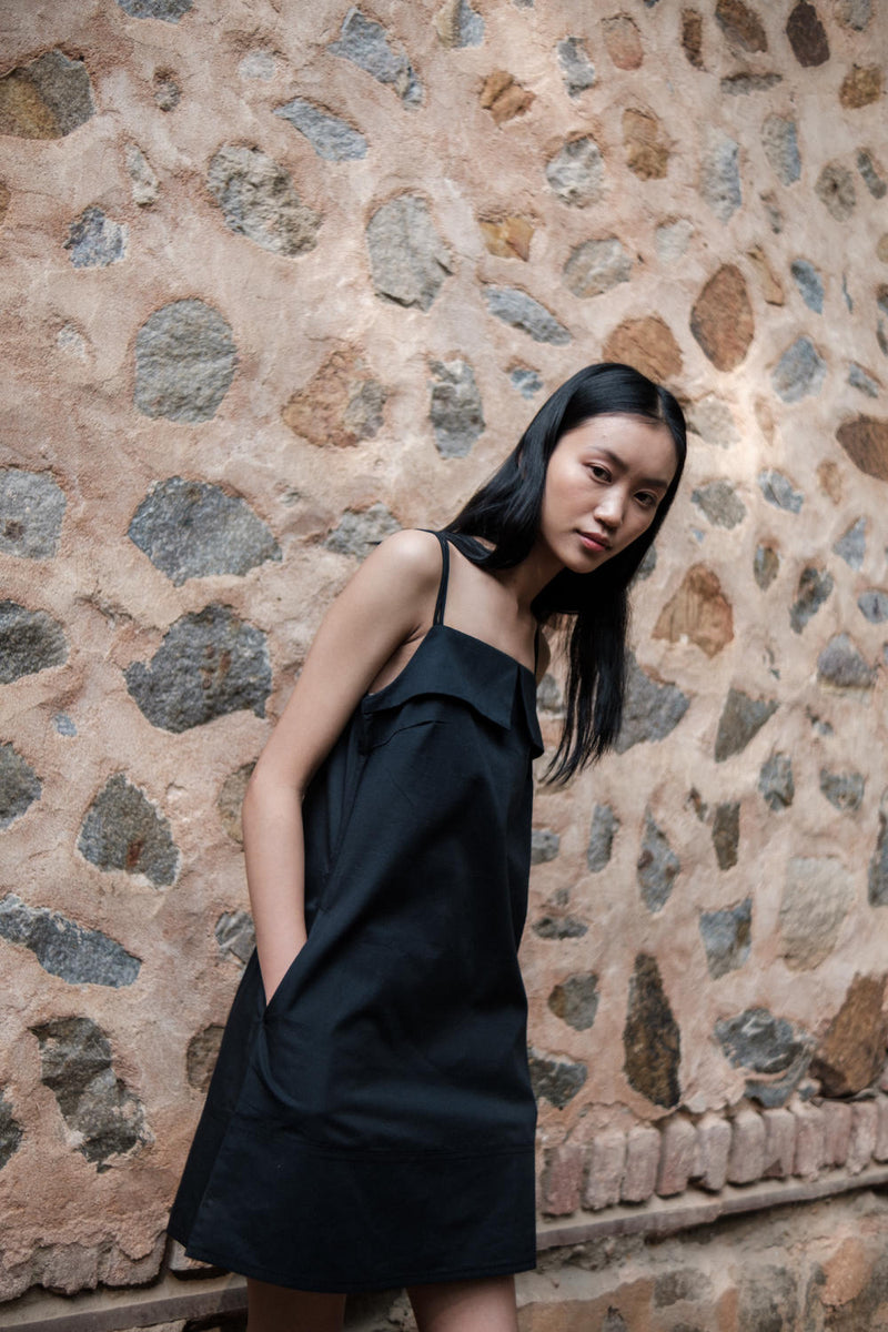 Rachel Slip Dress-Black cotton by The Terra Tribe in black color for women in Singapore