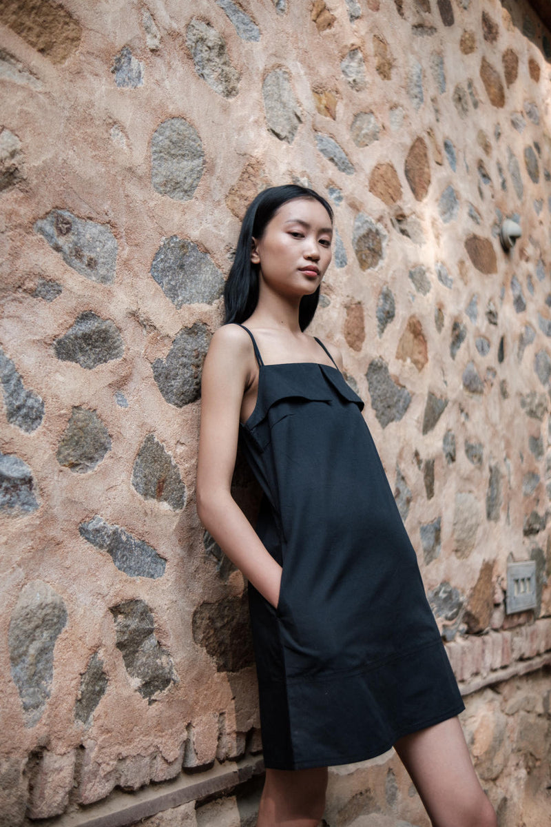 Rachel Slip Dress-Black cotton by The Terra Tribe in black color for women in Singapore