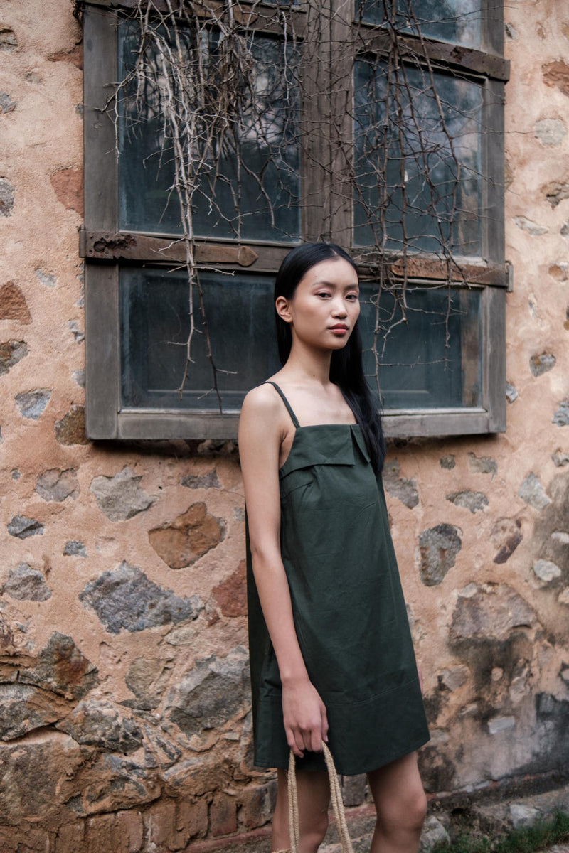 Rachel Slip Dress-Deep Green cotton by The Terra Tribe in green color for women in Singapore